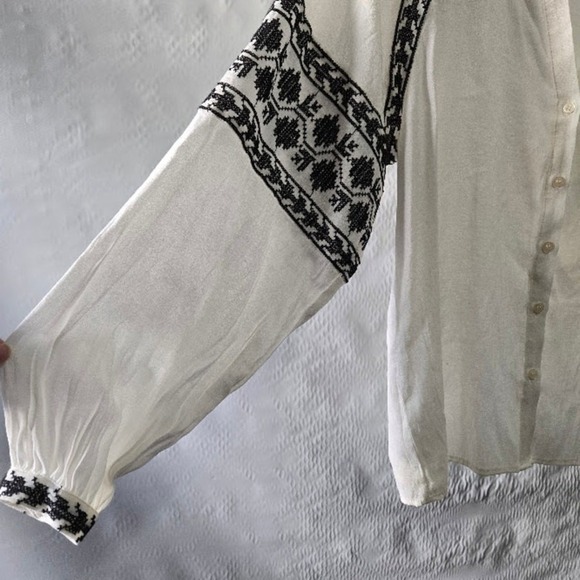 ZARA Women's Off White button up Blouse Peasant Embroidered Boho Chic Sz S - Picture 6 of 8